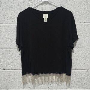 Joie Black Short Sleeve Top with Fringe Hem